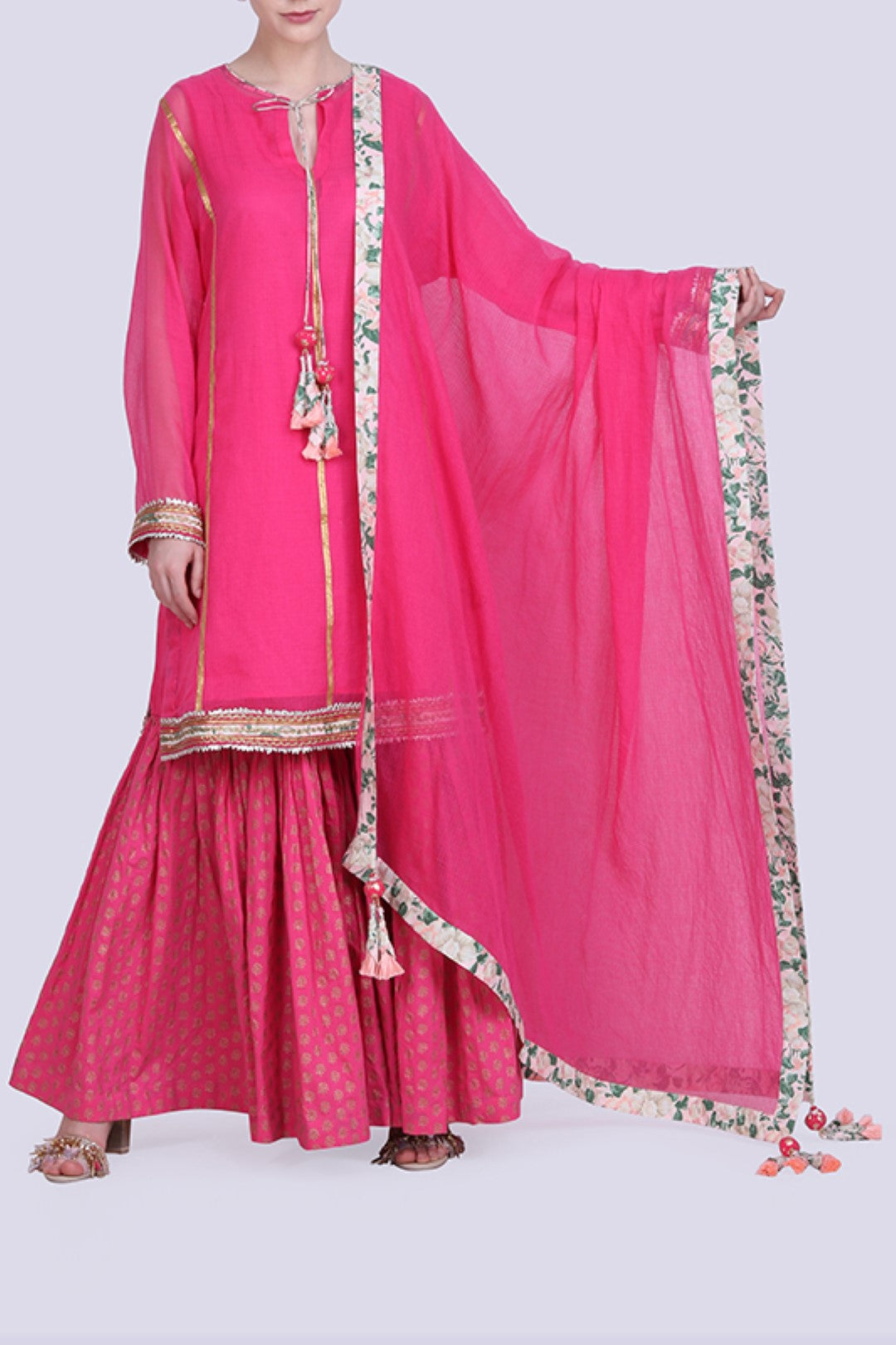 Hot pink kota doria kurta with a gold foil printed gathered sharara and kota doria dupatta.