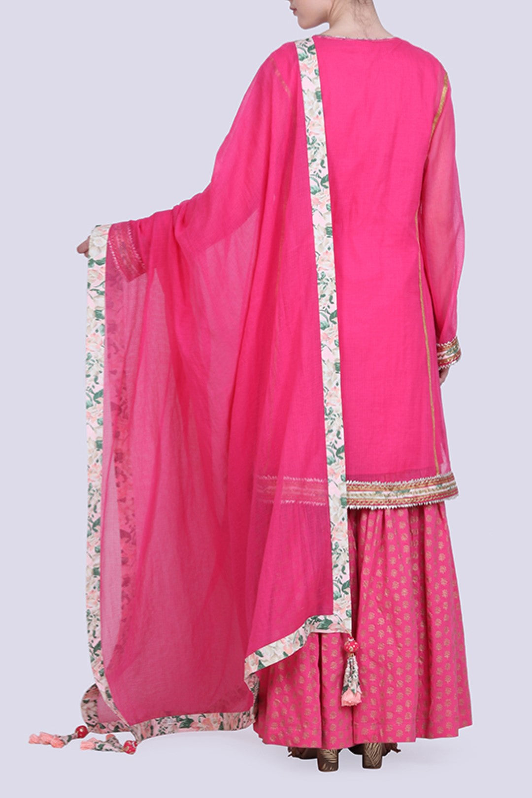 Hot pink kota doria kurta with a gold foil printed gathered sharara and kota doria dupatta.