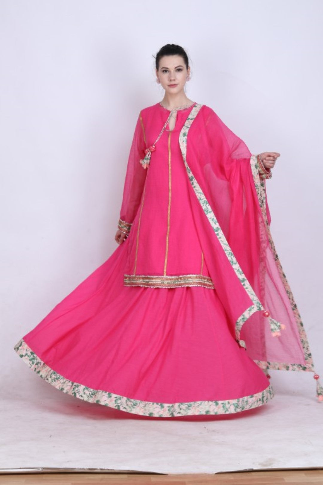 Hot pink kota doria kurta with cotton silk skirt and kota doria dupatta.