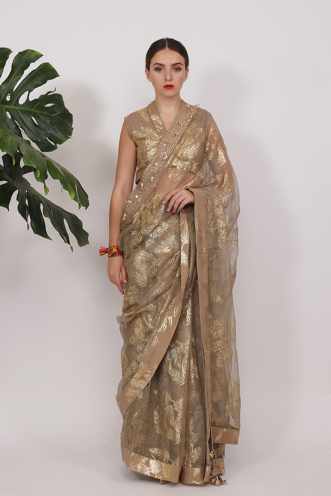 GOLD PRINTED SAREE WITH BLOUSE AND SEQUENCED PETICOAT