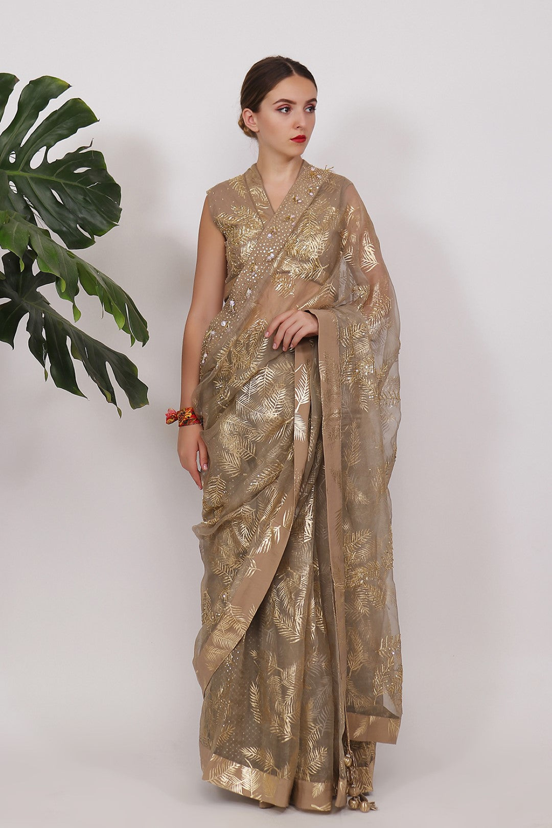 GOLD PRINTED SAREE WITH BLOUSE AND SEQUENCED PETICOAT