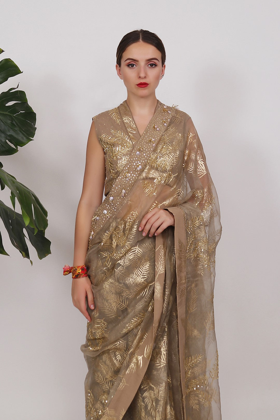 GOLD PRINTED SAREE WITH BLOUSE AND SEQUENCED PETICOAT