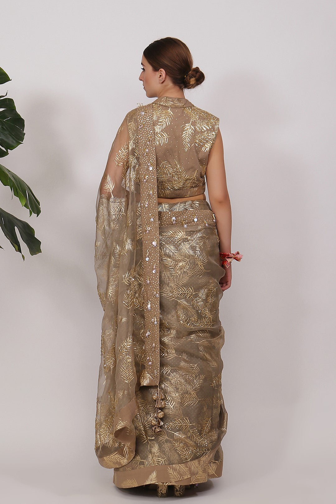 GOLD PRINTED SAREE WITH BLOUSE AND SEQUENCED PETICOAT