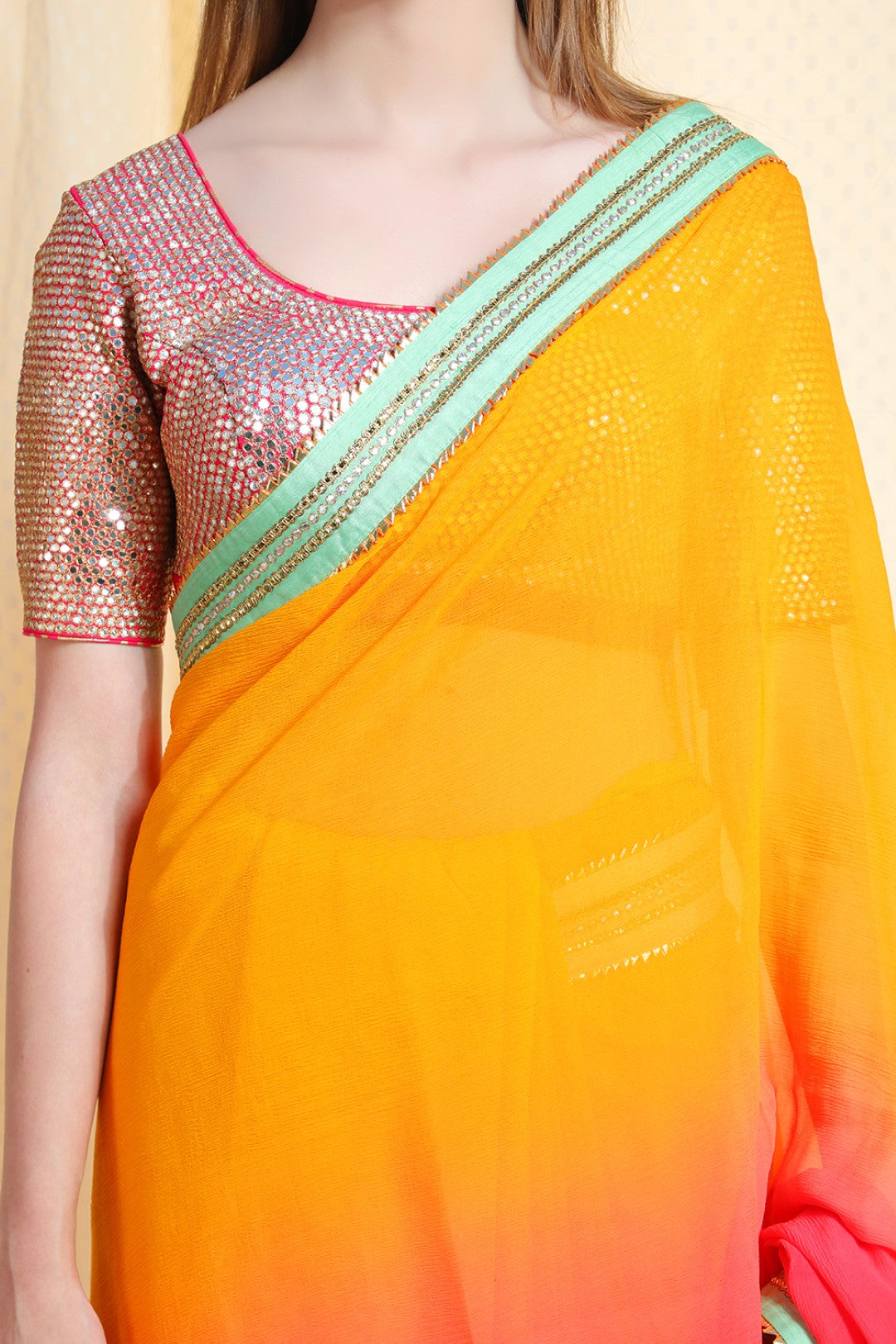 Ombre haldi to coral gajari chiffon saree with pista abla border