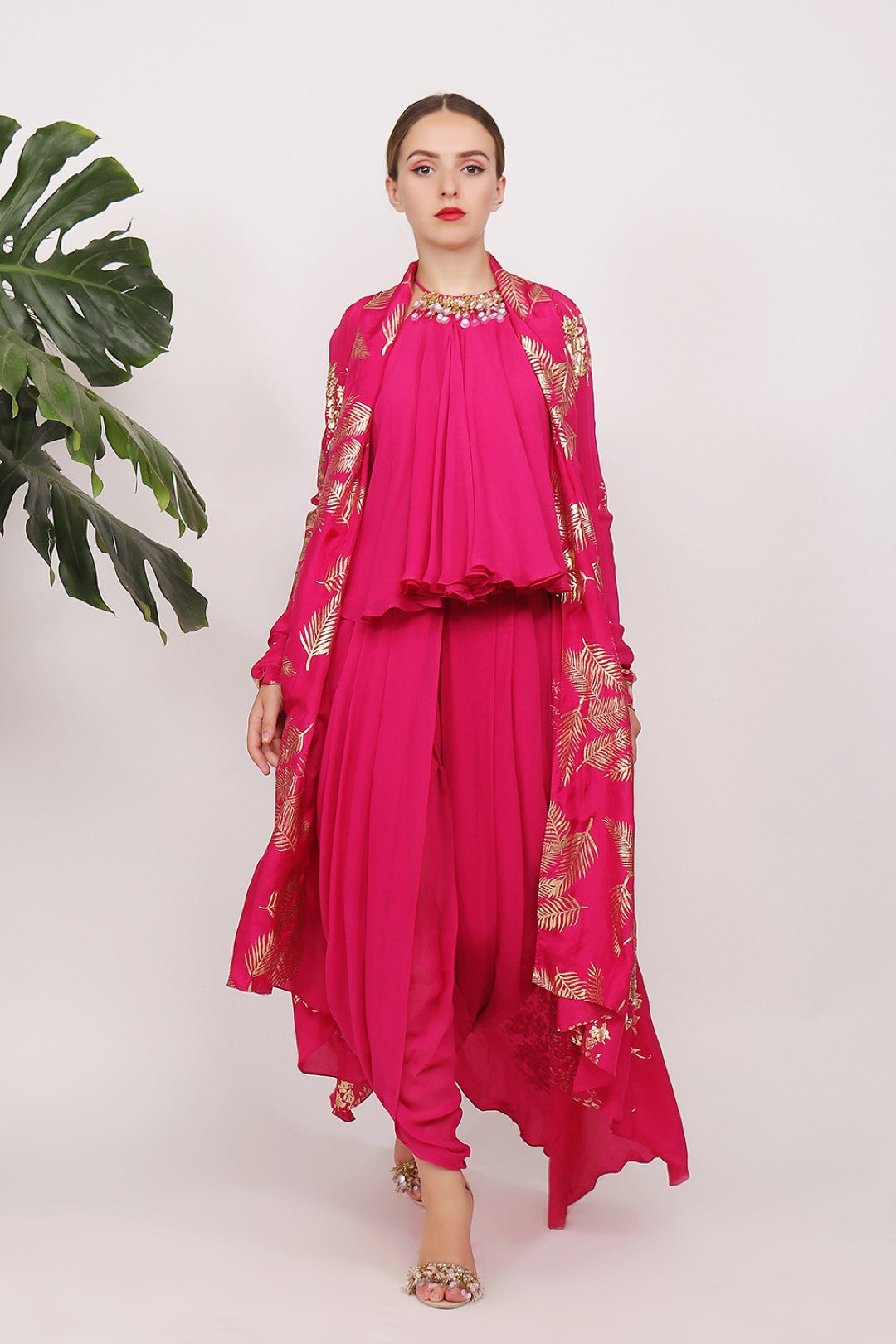 HAULTER TOP WITH PALM PRINTED AND EMBROIDERD JACKET WITH COWL DHOTI