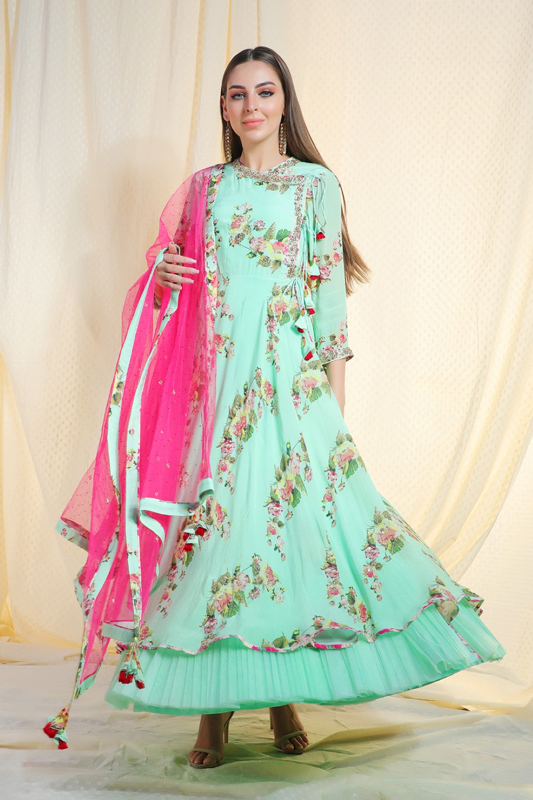 pista  crepe side tie angrakha with chudidar and net dupatta