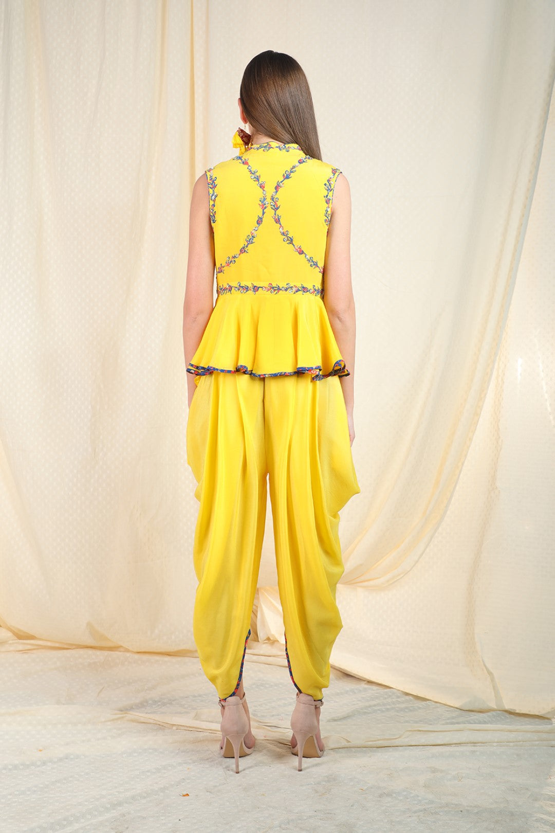 yellow crepe peplum top with dhoti