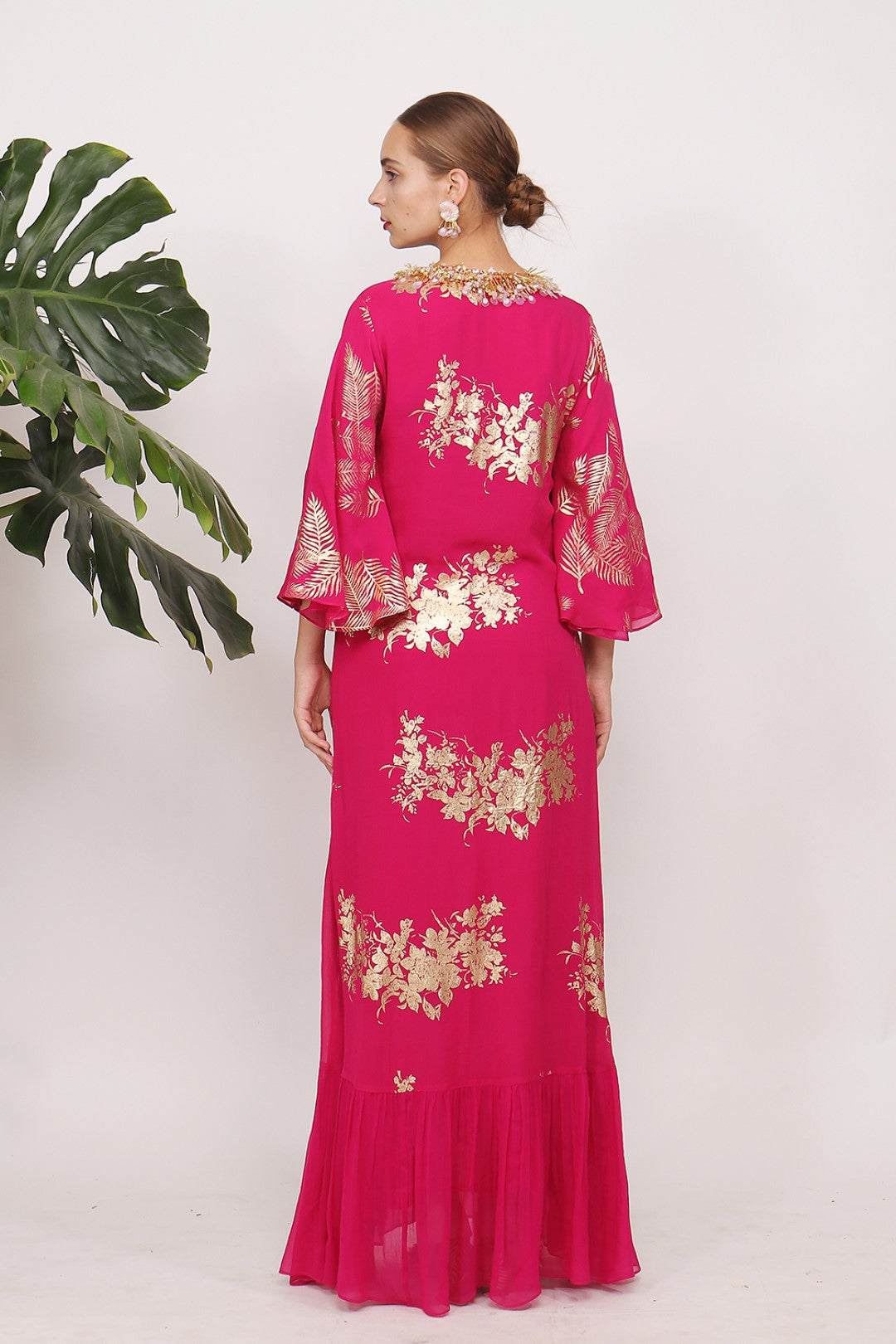 GOLD PRINTED A-LINE FLORE LENGTH FRILL DRESS WITH EMBROIDERTED NECKLINE