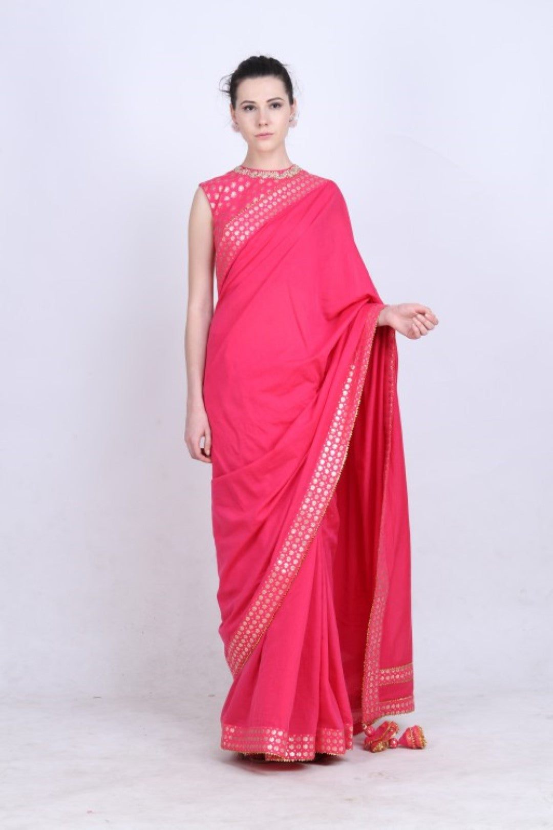 Hot pink cotton silk saree with gold foil printed border with gold foil printed  blouse