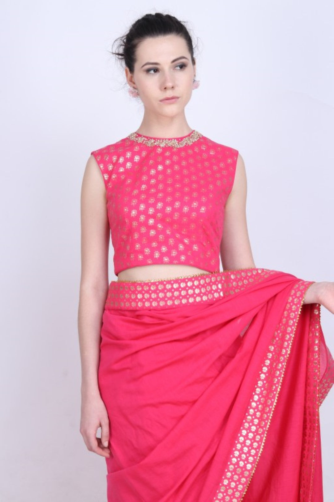 Hot pink cotton silk saree with gold foil printed border with gold foil printed  blouse