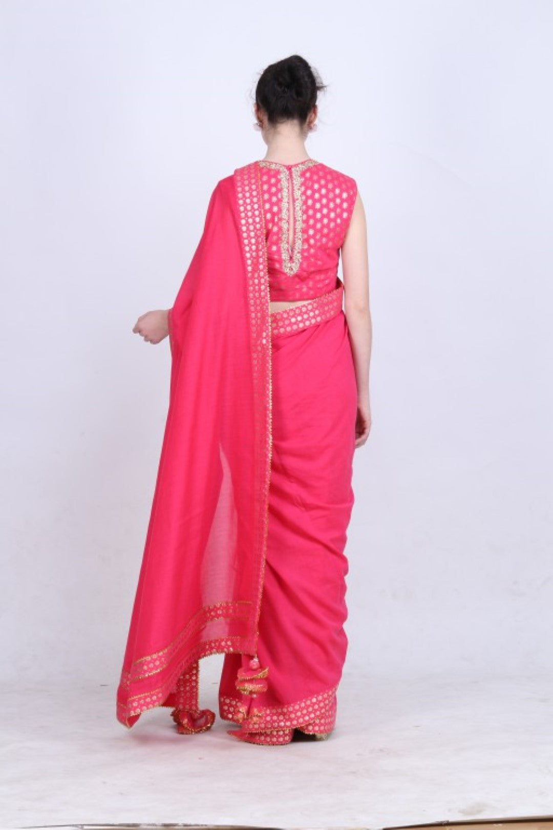 Hot pink cotton silk saree with gold foil printed border with gold foil printed  blouse