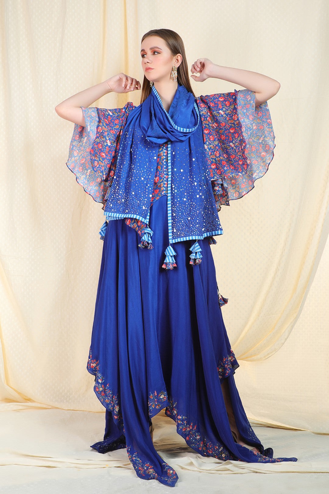 lapis blue crepe asymetric top and skirt