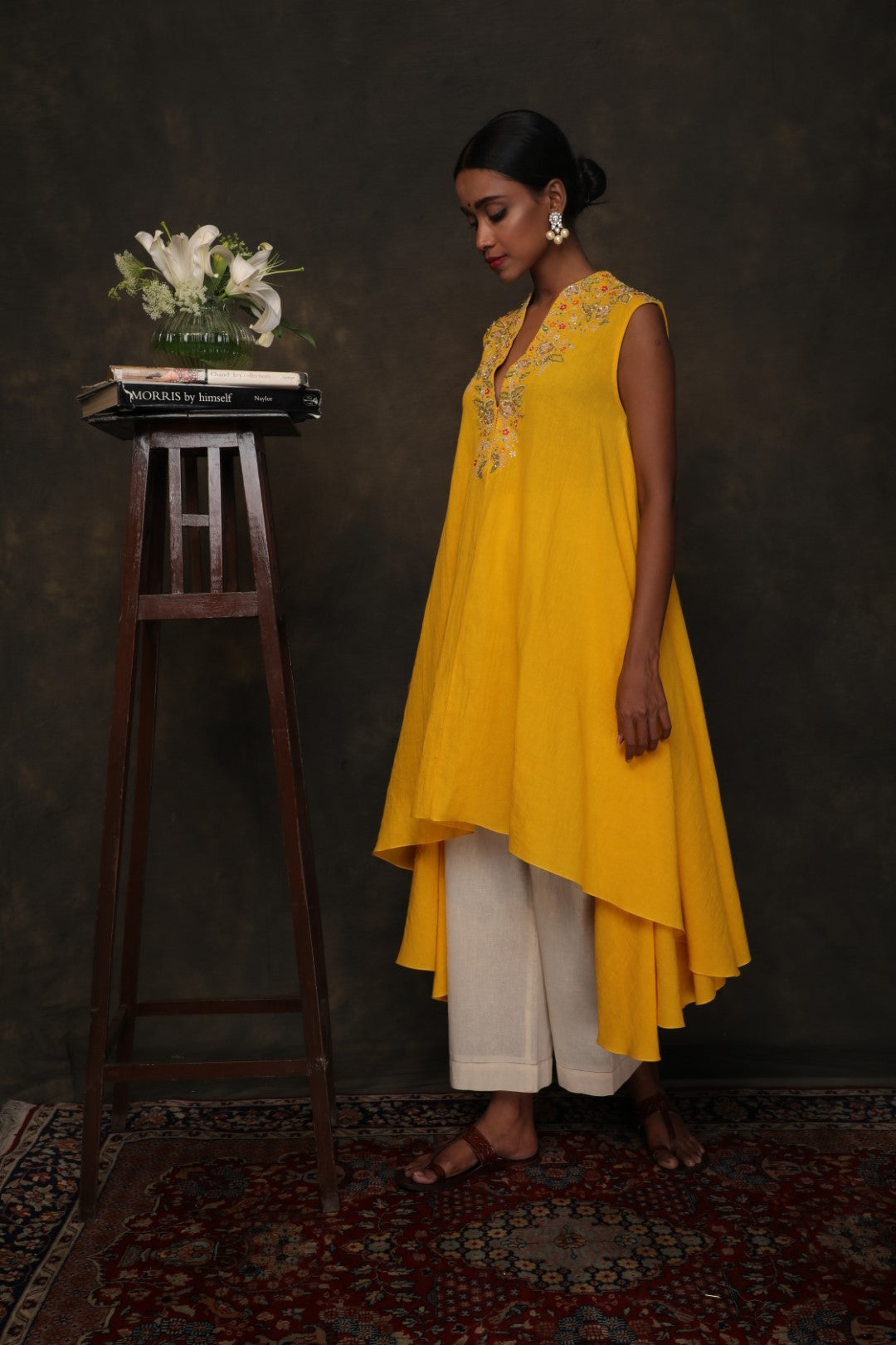 Yellow Khadi asymmetric tunic embroidered with striaght cropped pants
