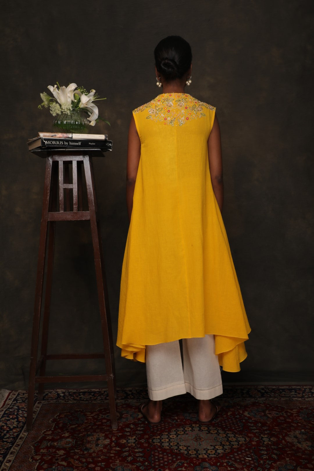 Yellow Khadi asymmetric tunic embroidered with striaght cropped pants