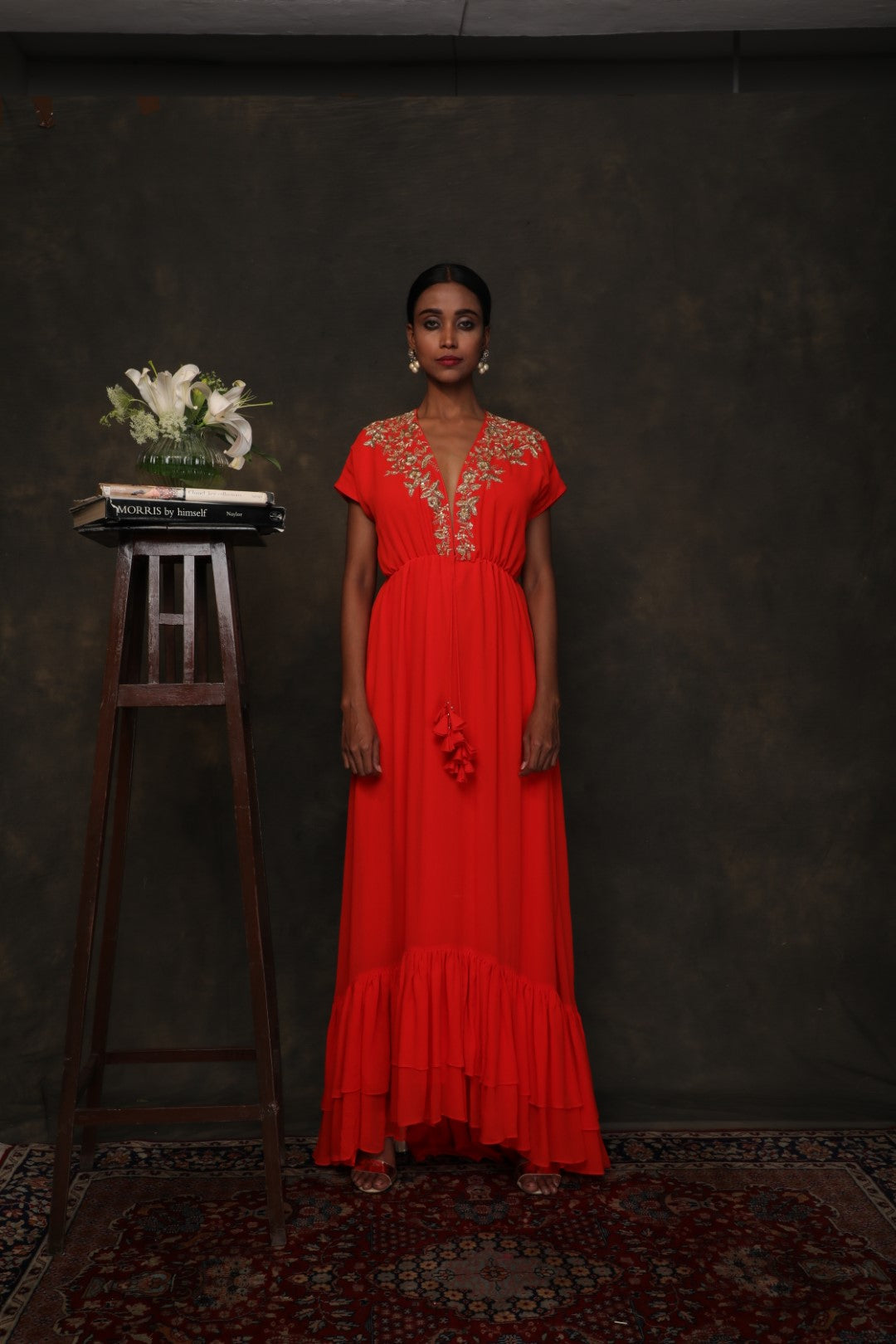 Coral georgette kaftan dress with zardozi embroidery on the neckline