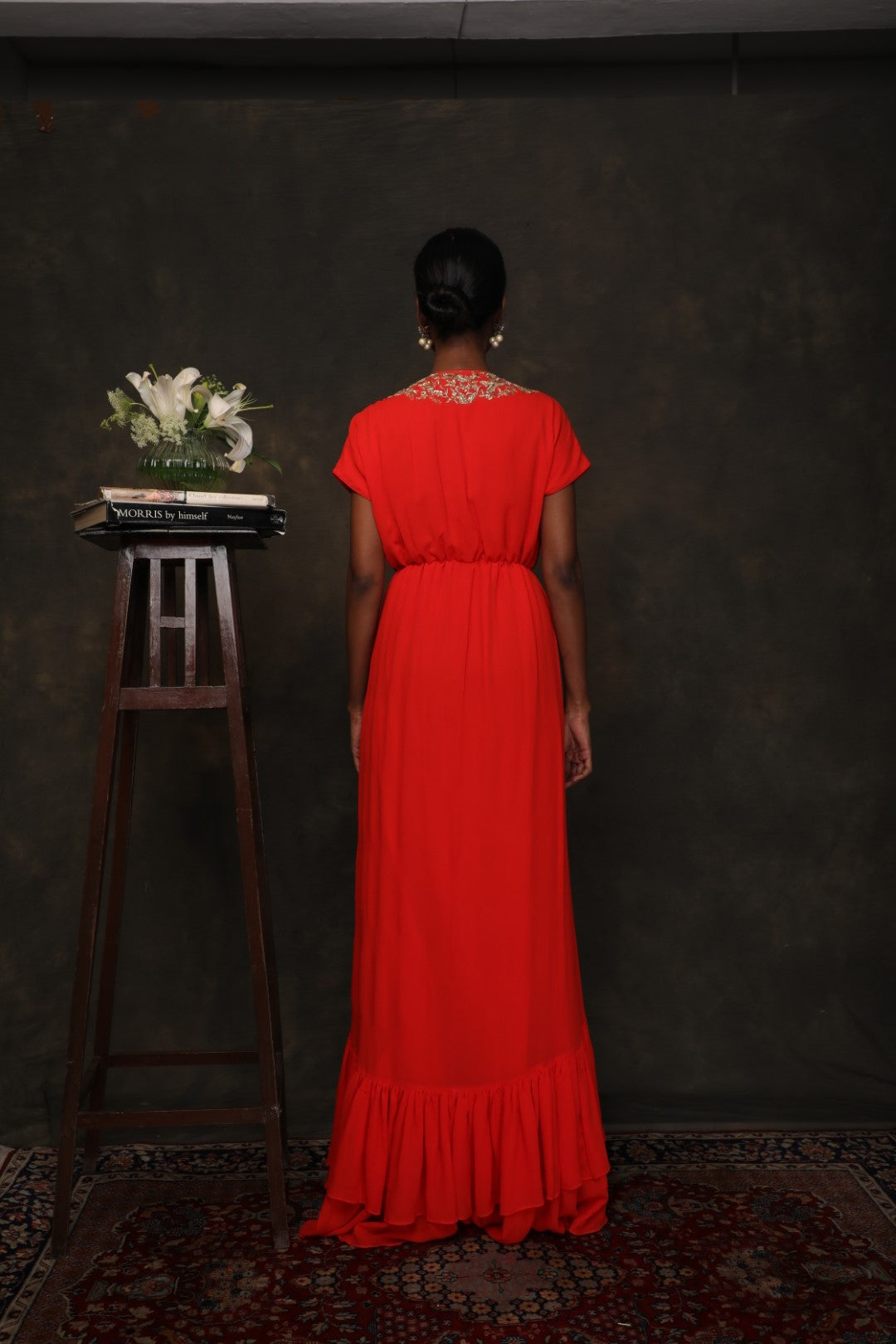 Coral georgette kaftan dress with zardozi embroidery on the neckline