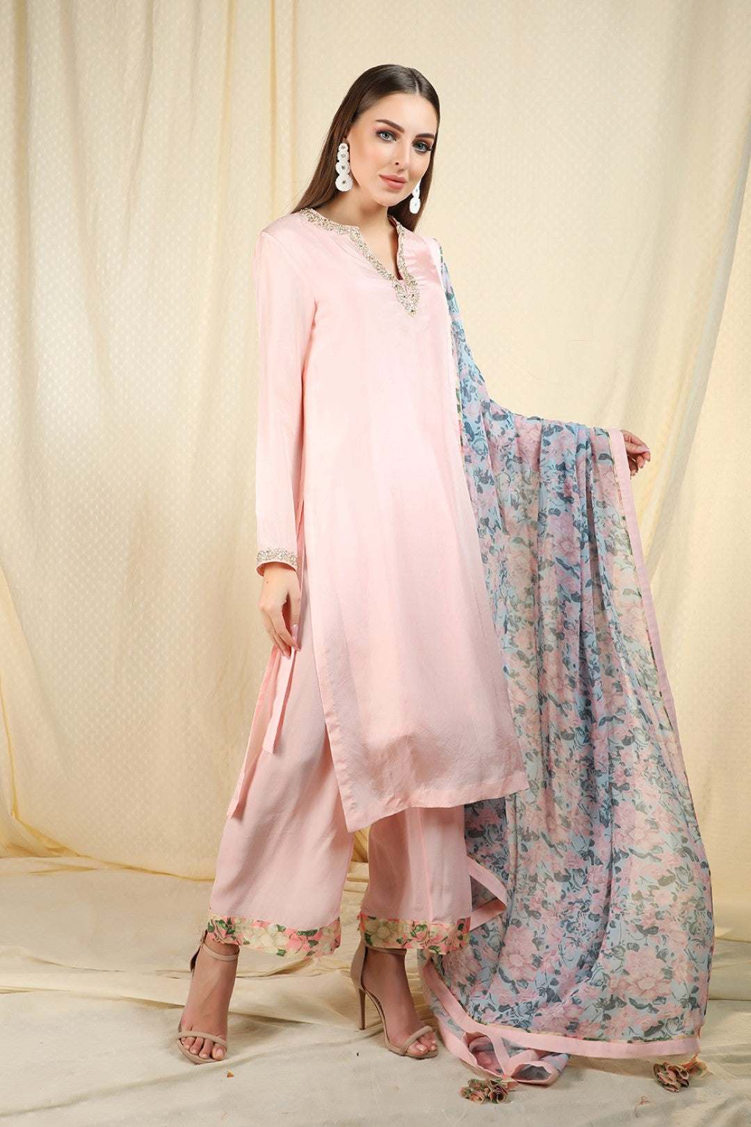 soft pink silk kurta and sharara and dupatta