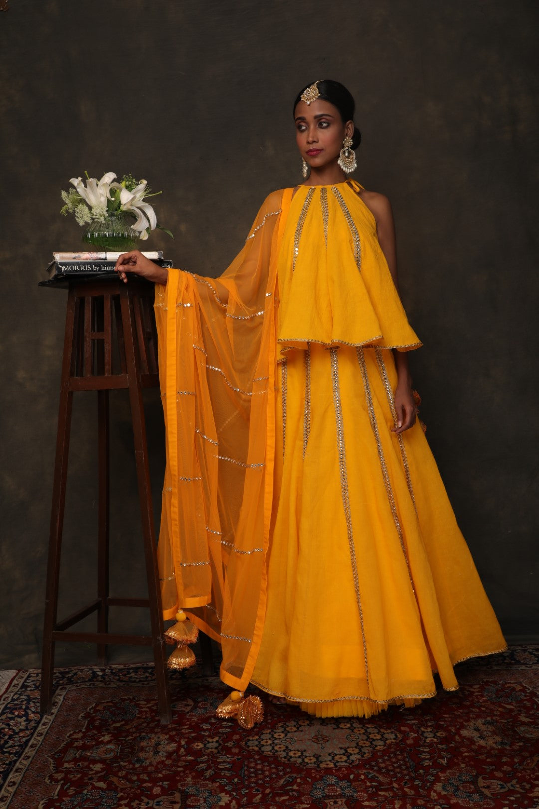 Yellow organdy panel skirt embroidered with  panel khadi top and dupatta
