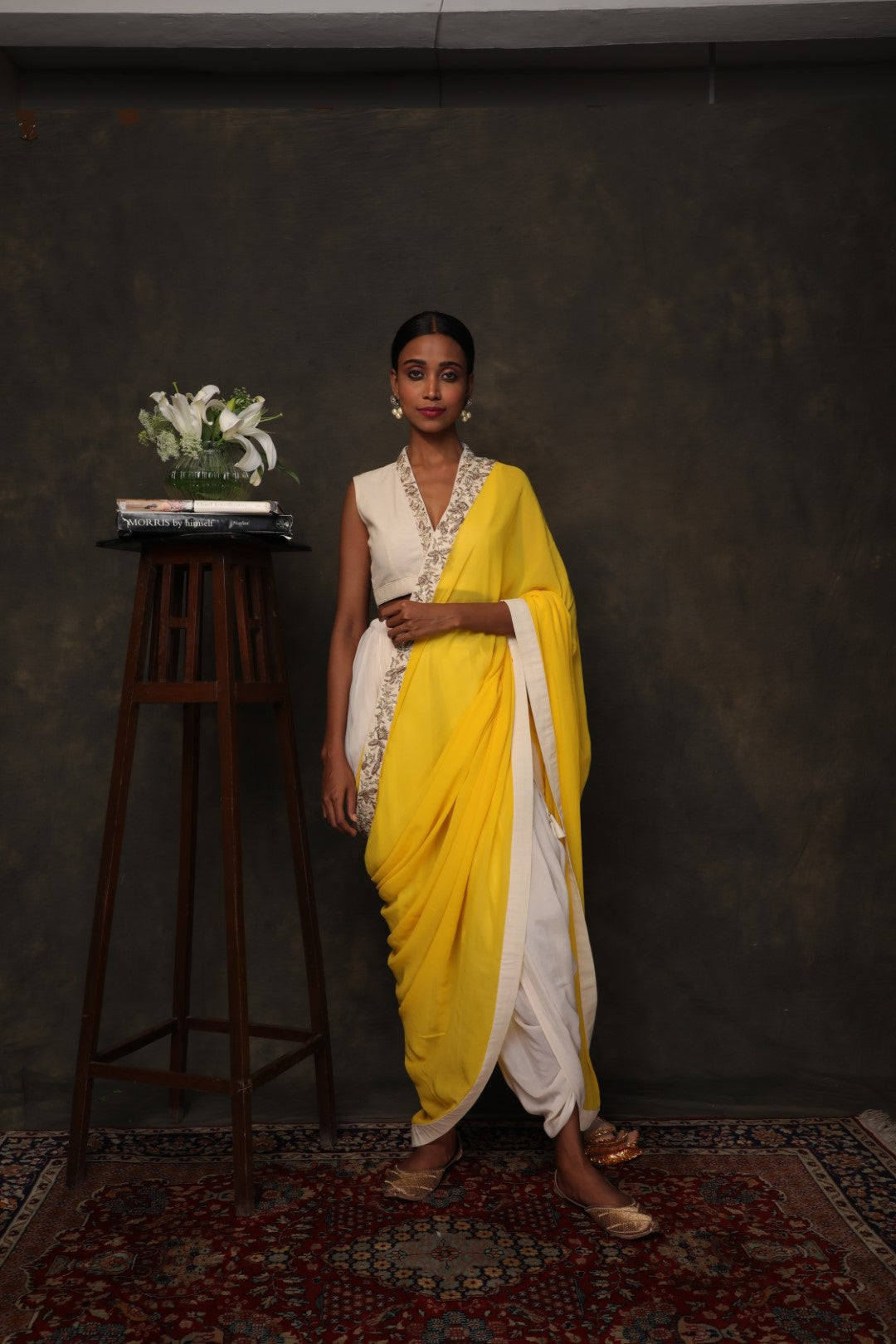 Ivory khadi dhoti saree with embroidery on palla border and blouse