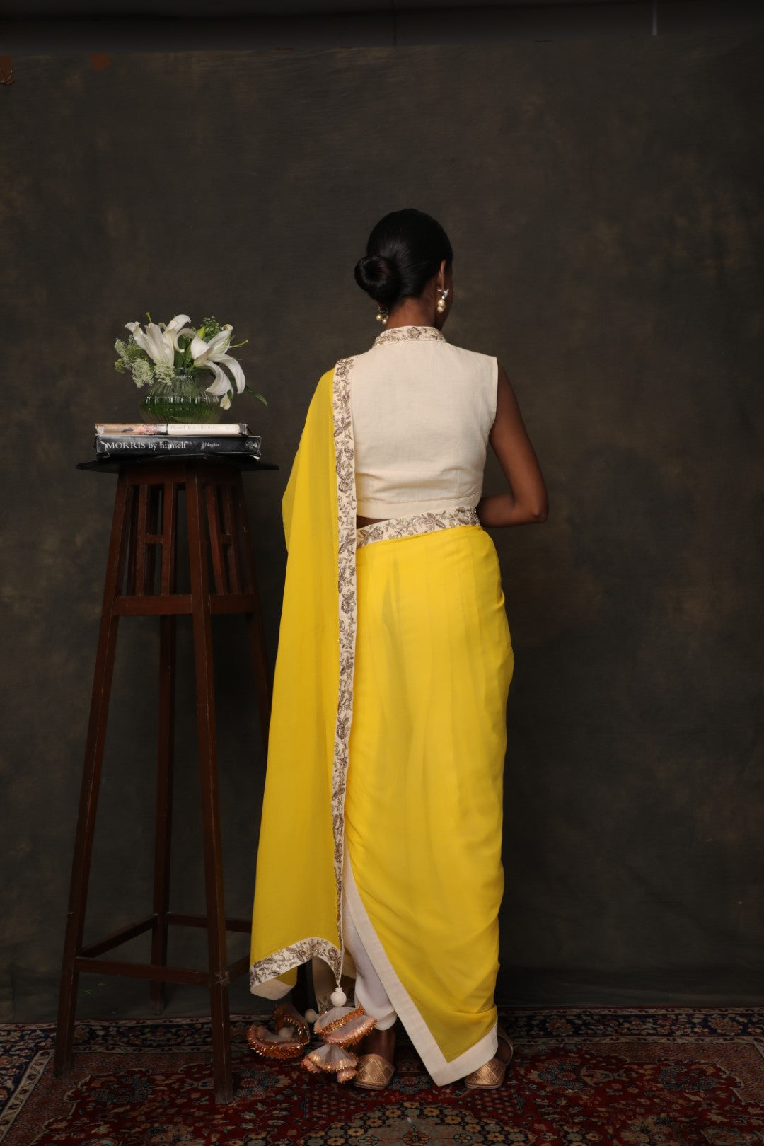 Ivory khadi dhoti saree with embroidery on palla border and blouse