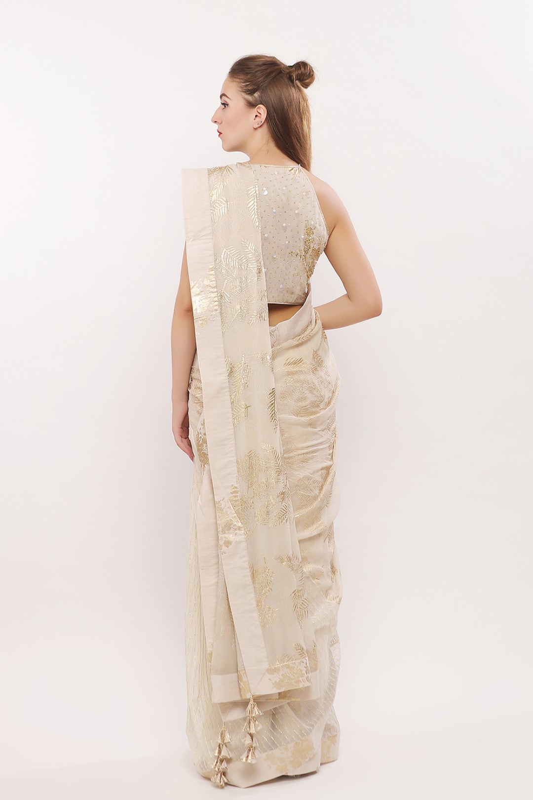 GOLD PRINTED SAREE WITH EMBROIDERED BLOUSE