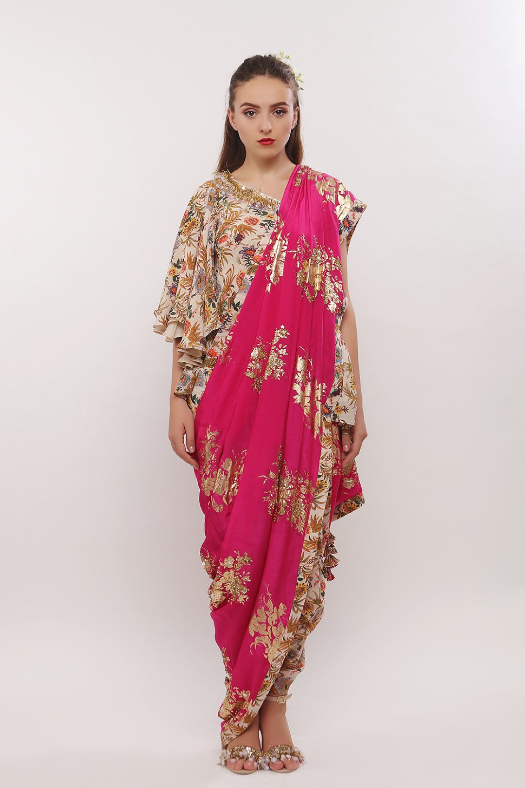 OFF SHOULDER BLOUSE AND  COWL DHOTI WITH EMBROIDERED PALLA