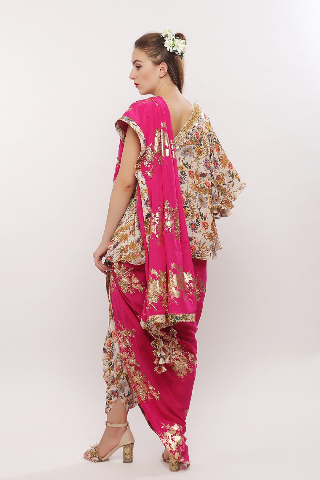 OFF SHOULDER BLOUSE AND  COWL DHOTI WITH EMBROIDERED PALLA