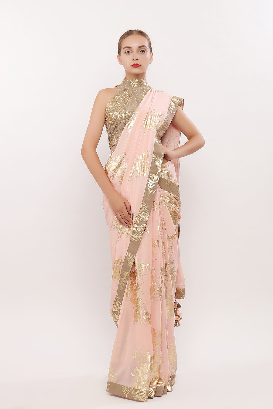 GOLD PRINTED IN CUT BLOUSE WITH SAREE