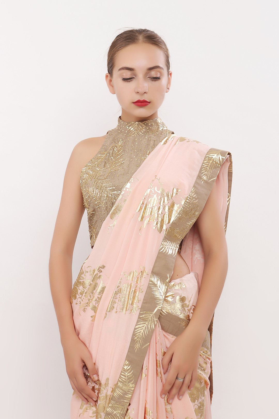 GOLD PRINTED IN CUT BLOUSE WITH SAREE