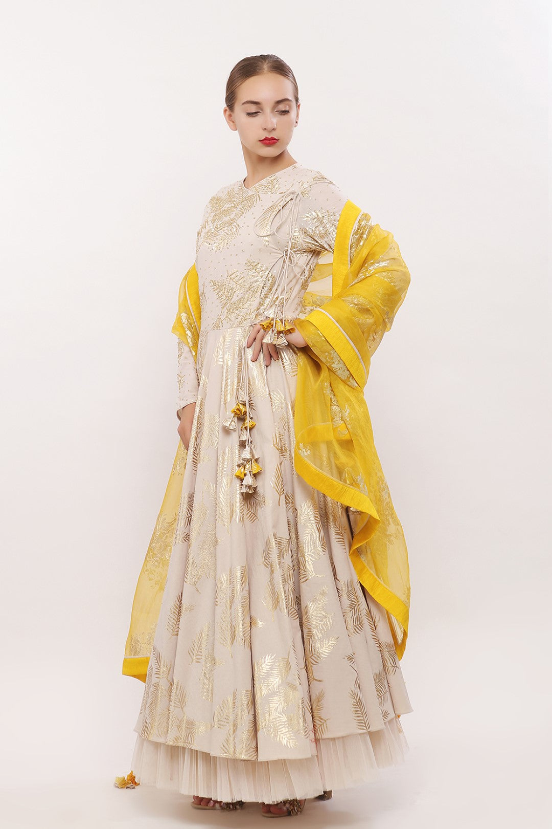 GOLD PRINTED ANGRAKHA KALIDAAR ALONG WITH DUPATTA AND CHURIDAAR