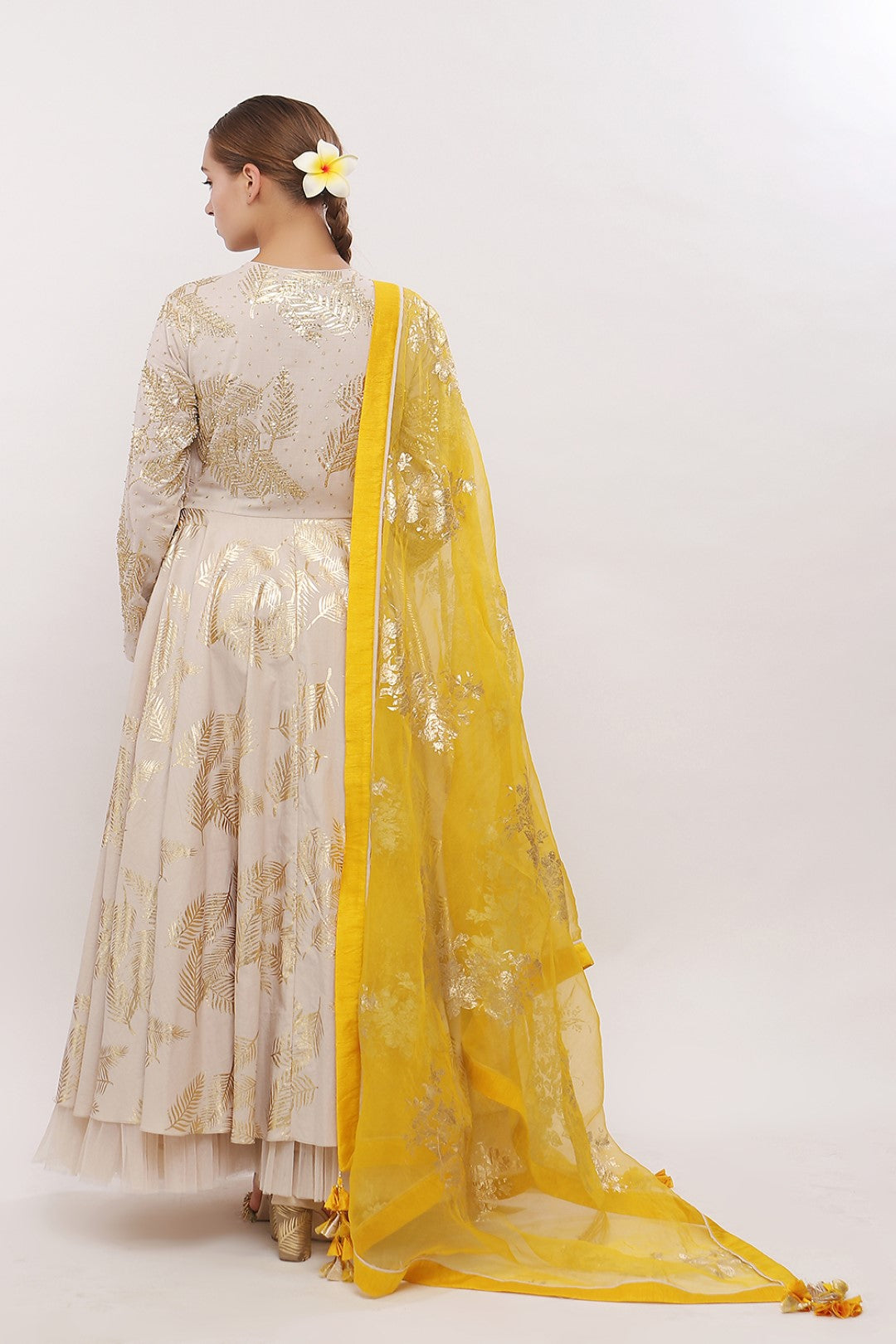 GOLD PRINTED ANGRAKHA KALIDAAR ALONG WITH DUPATTA AND CHURIDAAR