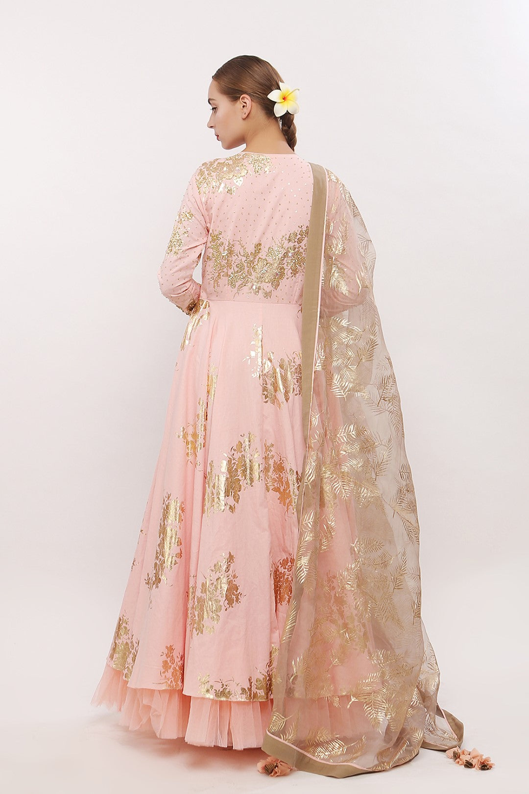 GOLD PRINTED ANGRAKHA KALIDAAR ALONG WITH DUPATTA AND CHURIDAAR