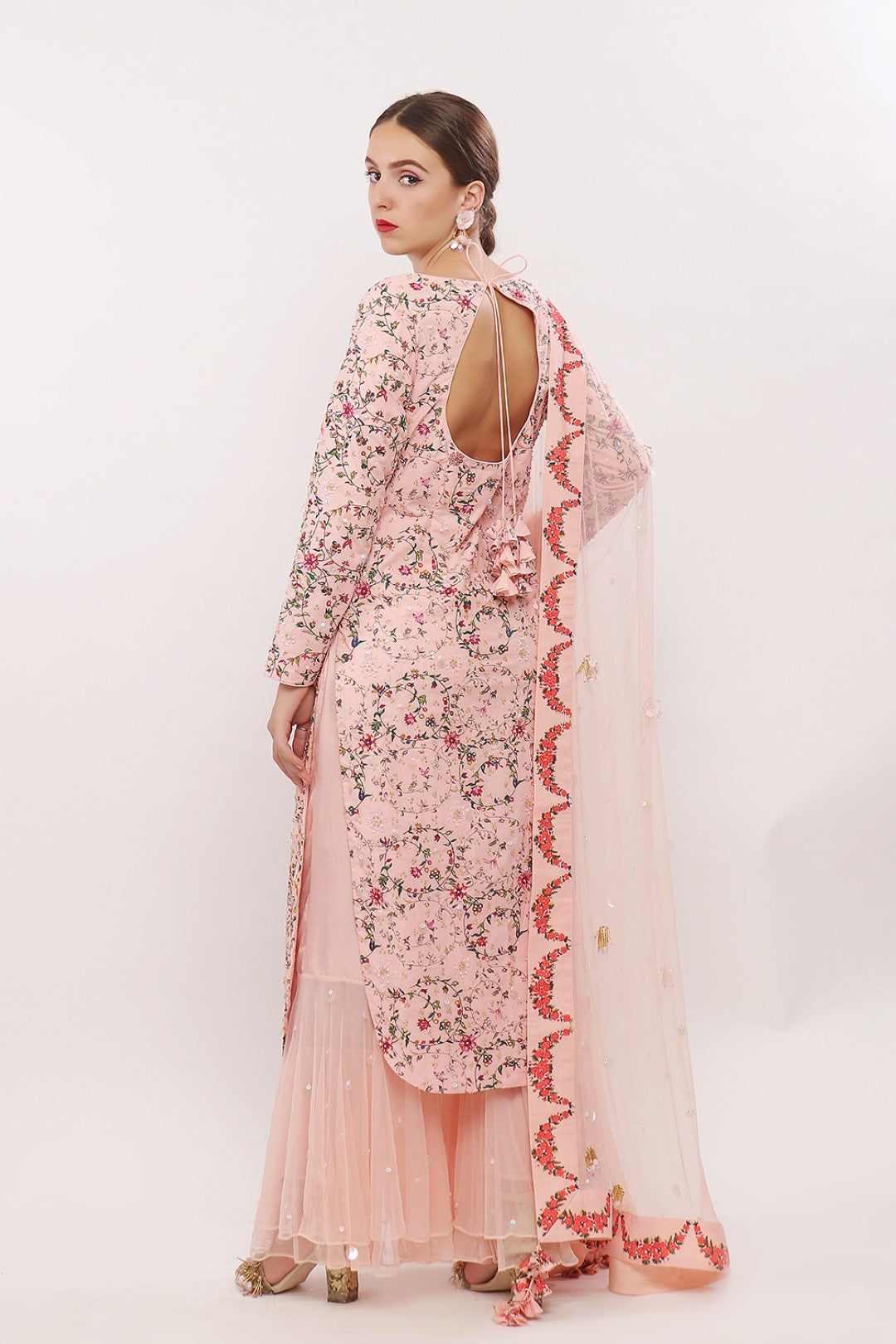 EMBROIDERED KURTA WITH DOUBLE LAYER SHARARA AND NET DUPPATA
