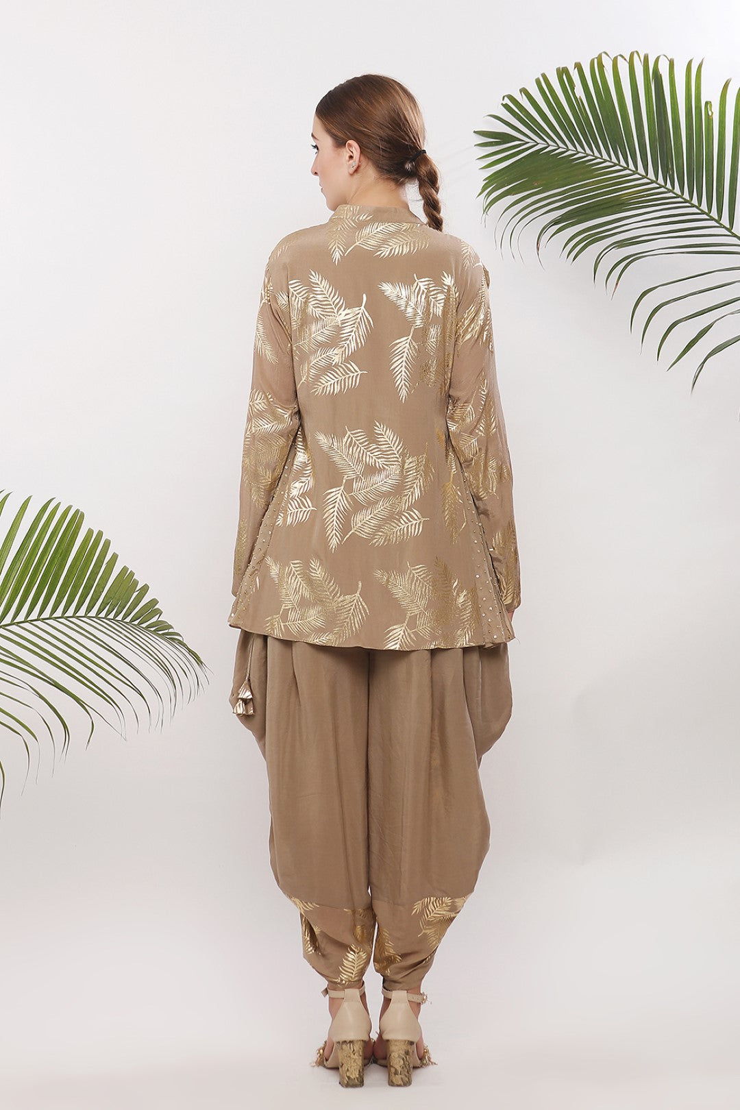 GOLD PRINTED EMBROIDERED  PEPLUM TOP WITH GOLD PRINTED  PANELLED COWL DHOTI