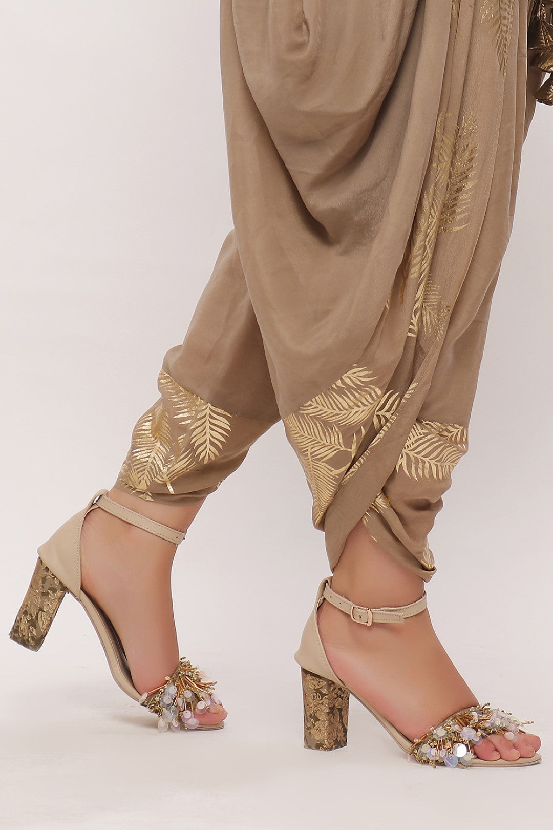 GOLD PRINTED EMBROIDERED  PEPLUM TOP WITH GOLD PRINTED  PANELLED COWL DHOTI