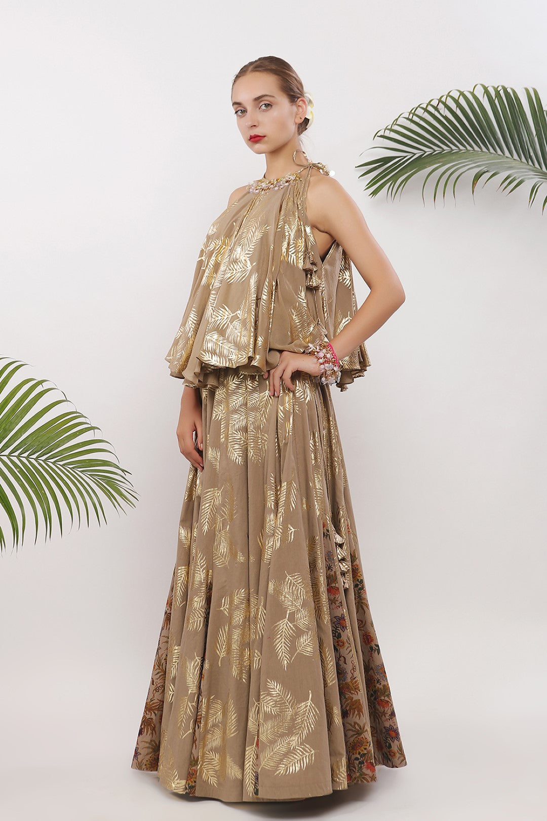 GOLD PRINTED GODET  LEHANGA WITH  FLARED  TOP