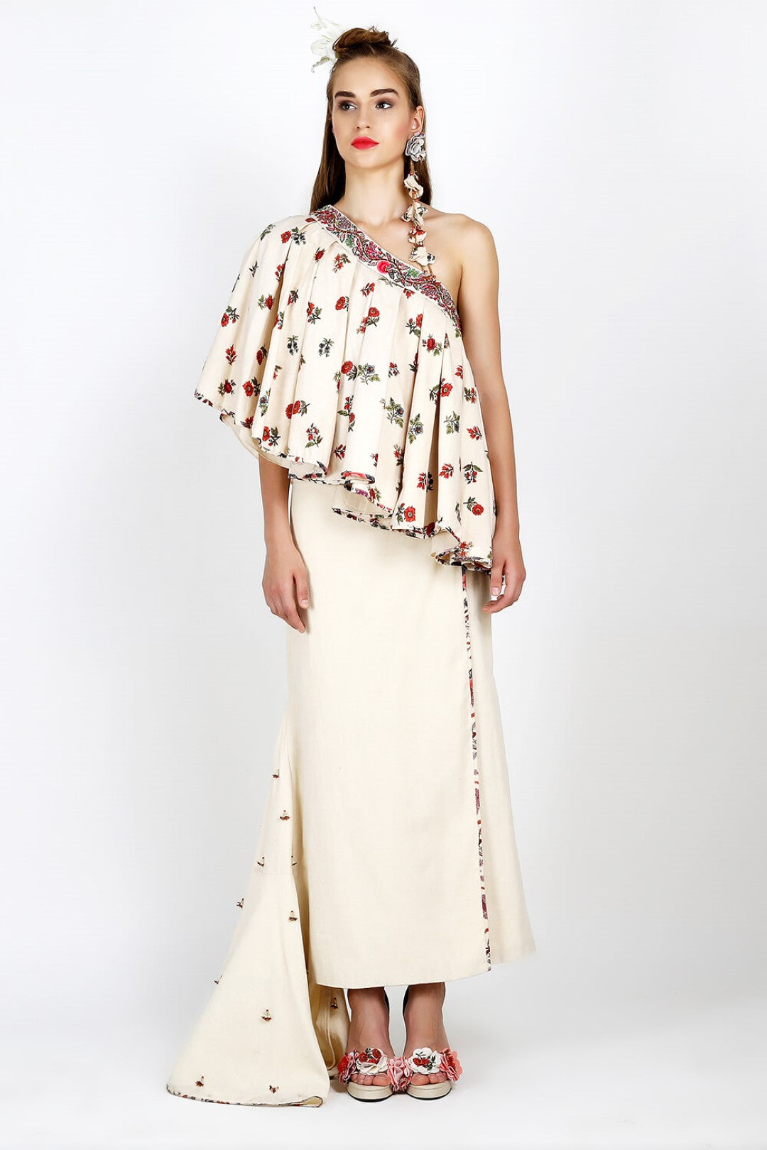 one shoulder pleated top with embellished khadi wrap skirt