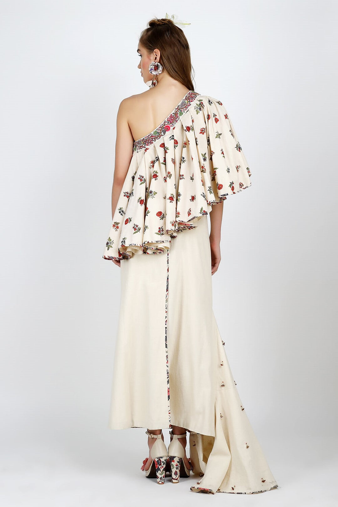 one shoulder pleated top with embellished khadi wrap skirt