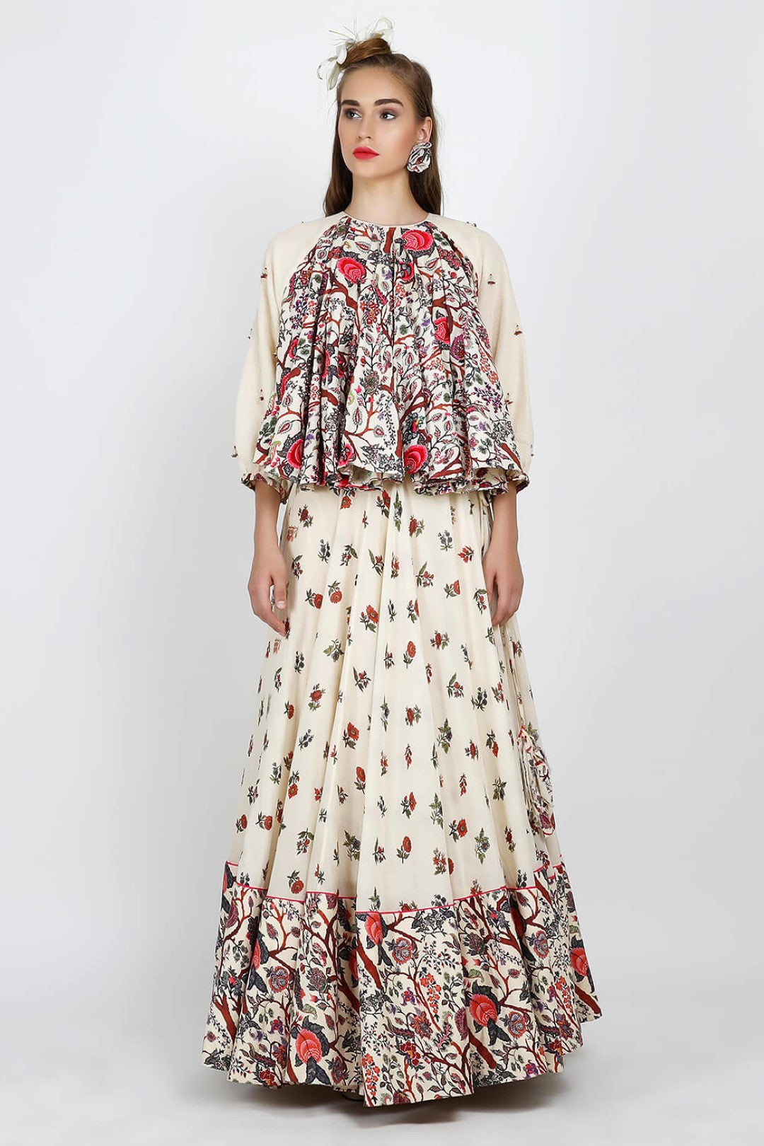 peasant top paired with printed flare skirt