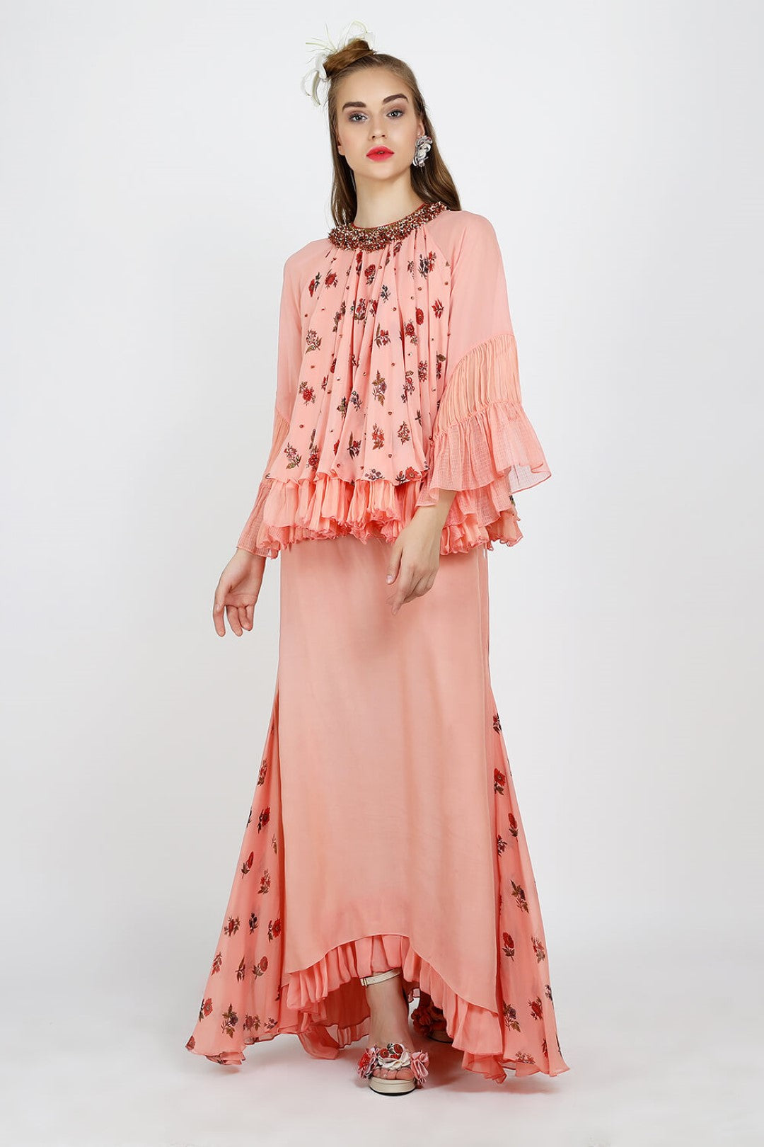 pleated top paired with ruffle layer printed skirt
