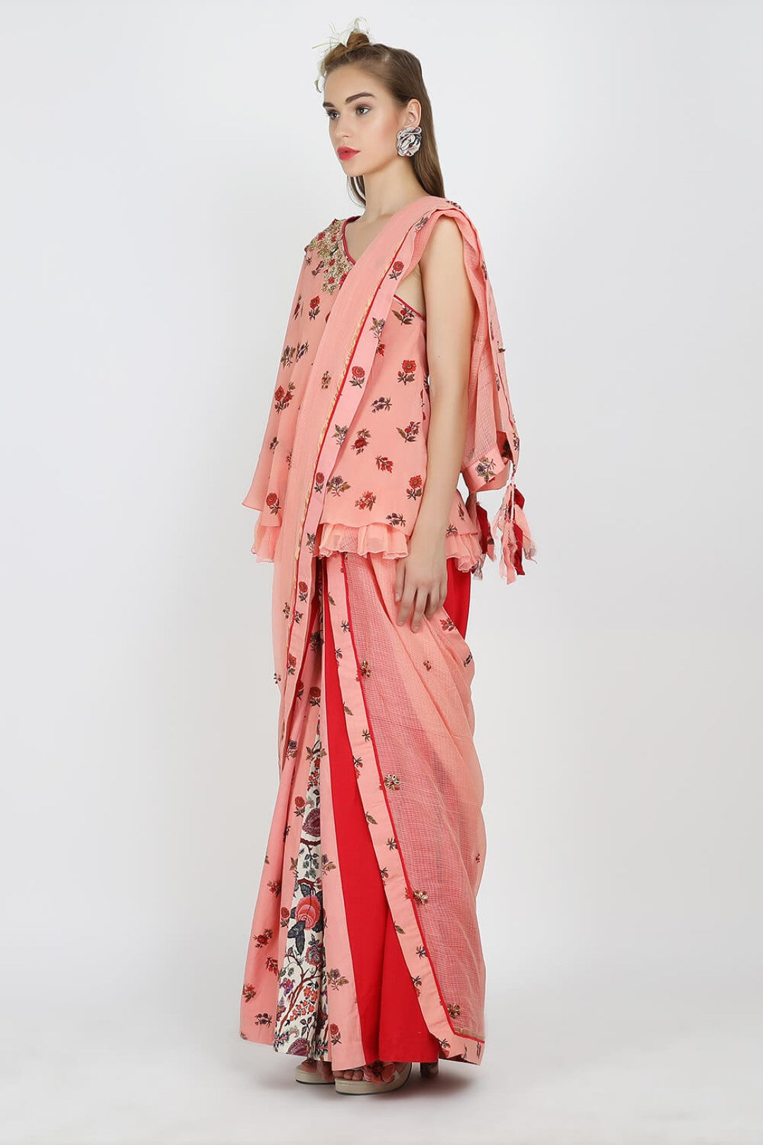 one shoulder top with pleated skirt & dupatta
