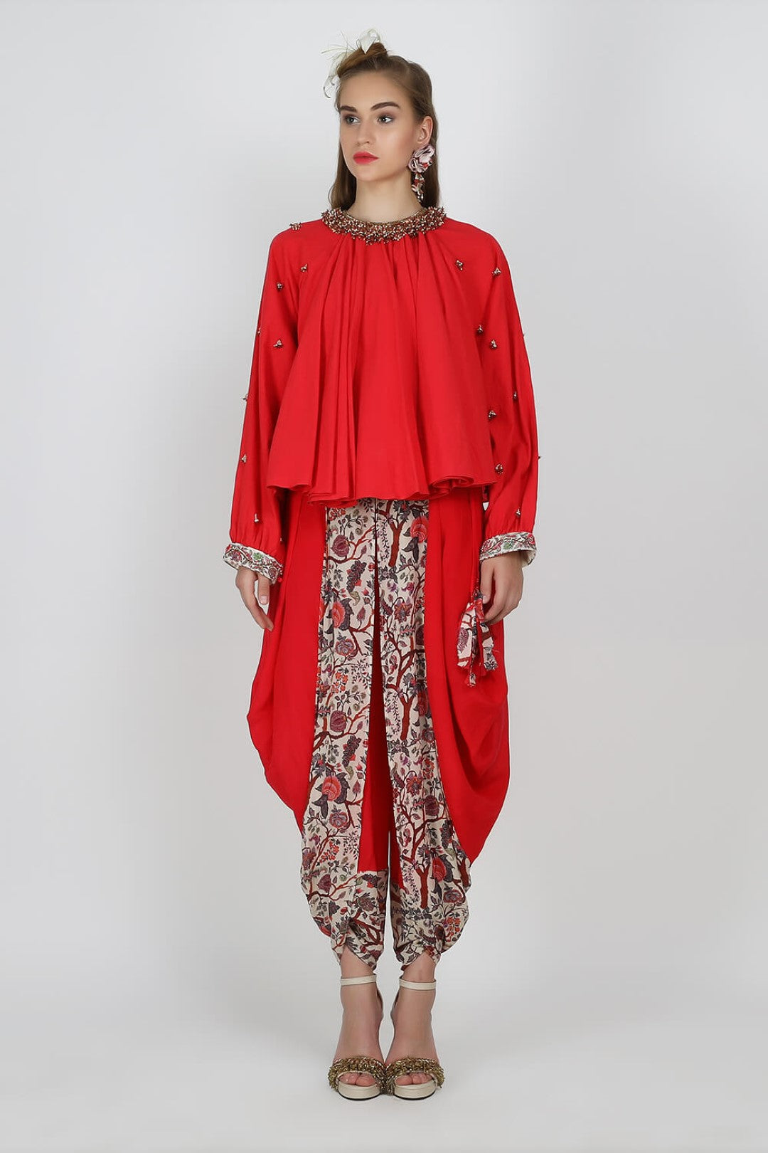 embellished peasant top paired with printed detail dhoti