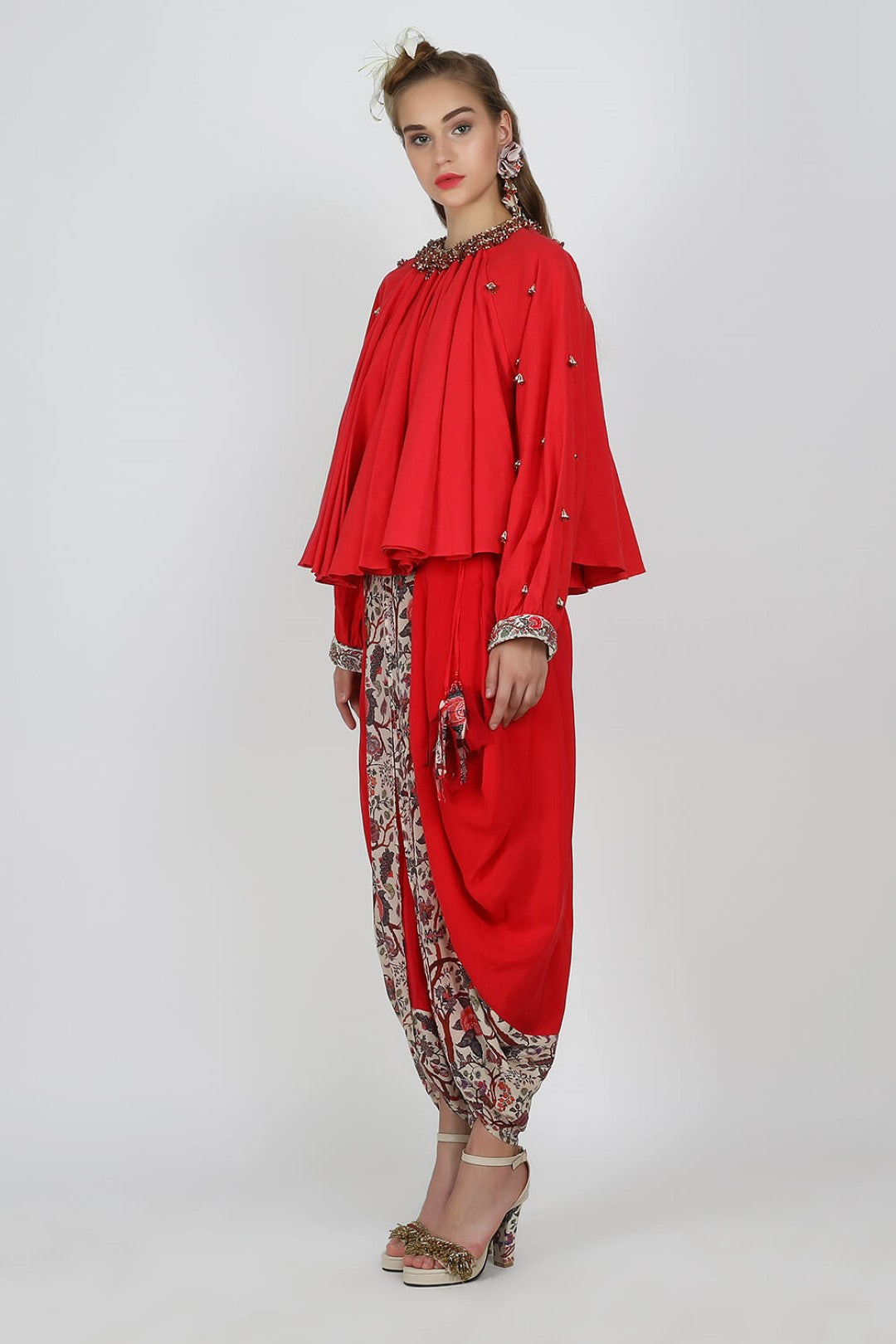 embellished peasant top paired with printed detail dhoti