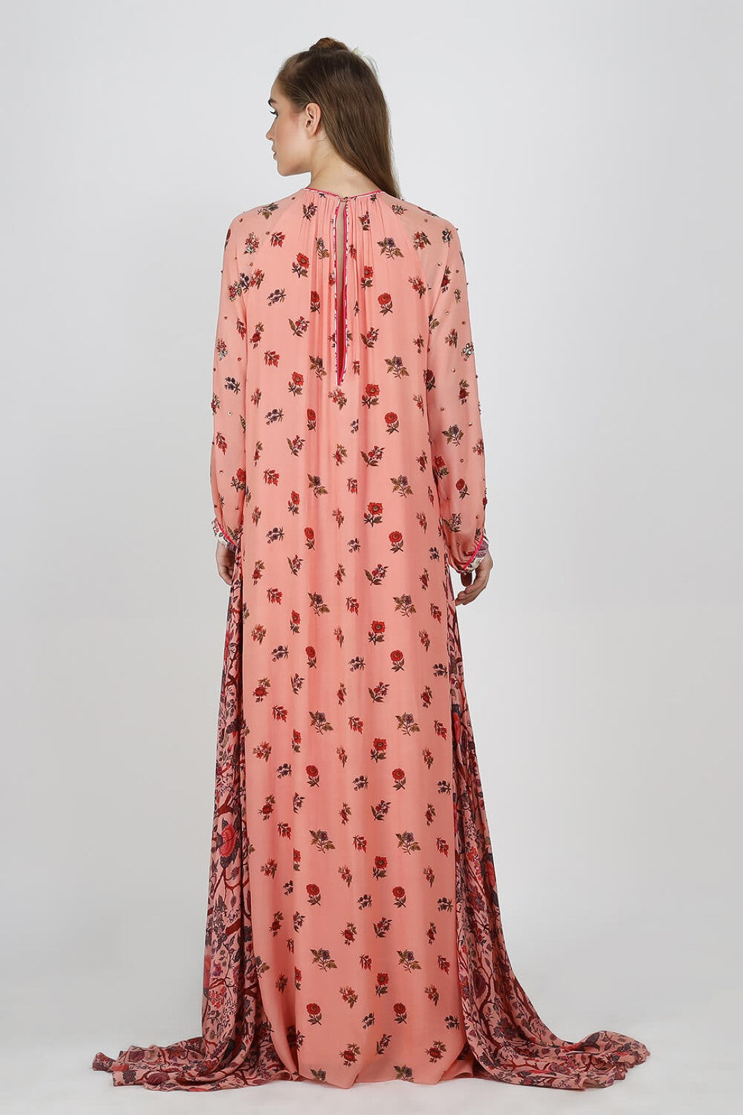 asymmetric dress embellished with embroidered silk yoke