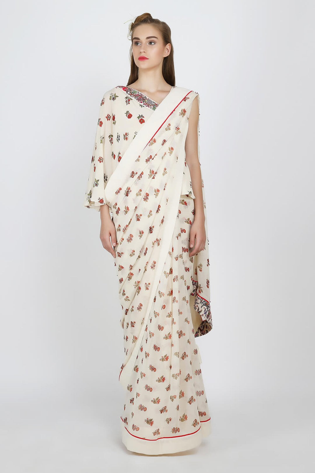one shoulder crepe blouse with printed georgette saree