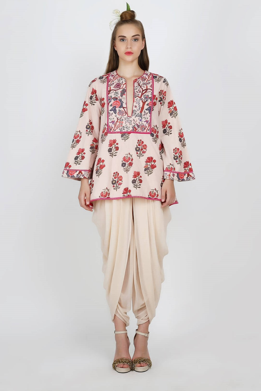 "  printed poplin top paired with georgette dhoti pants.  "