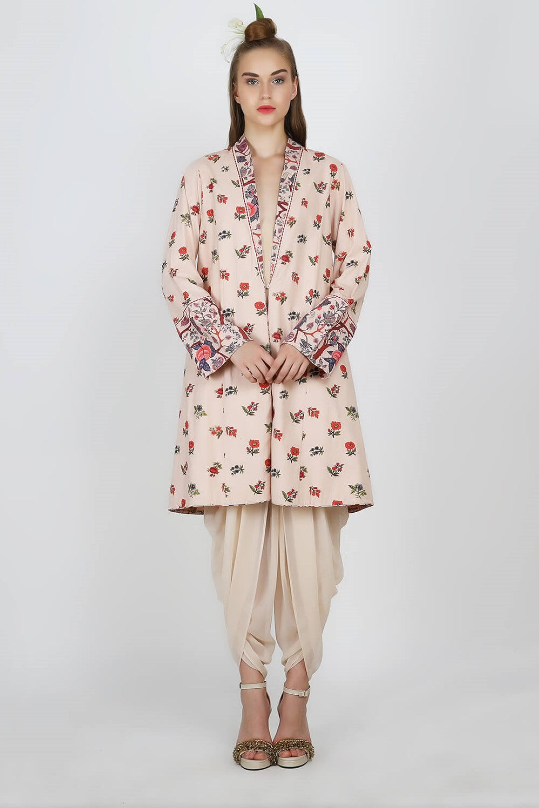 printed jacket with georgette cowl dhoti