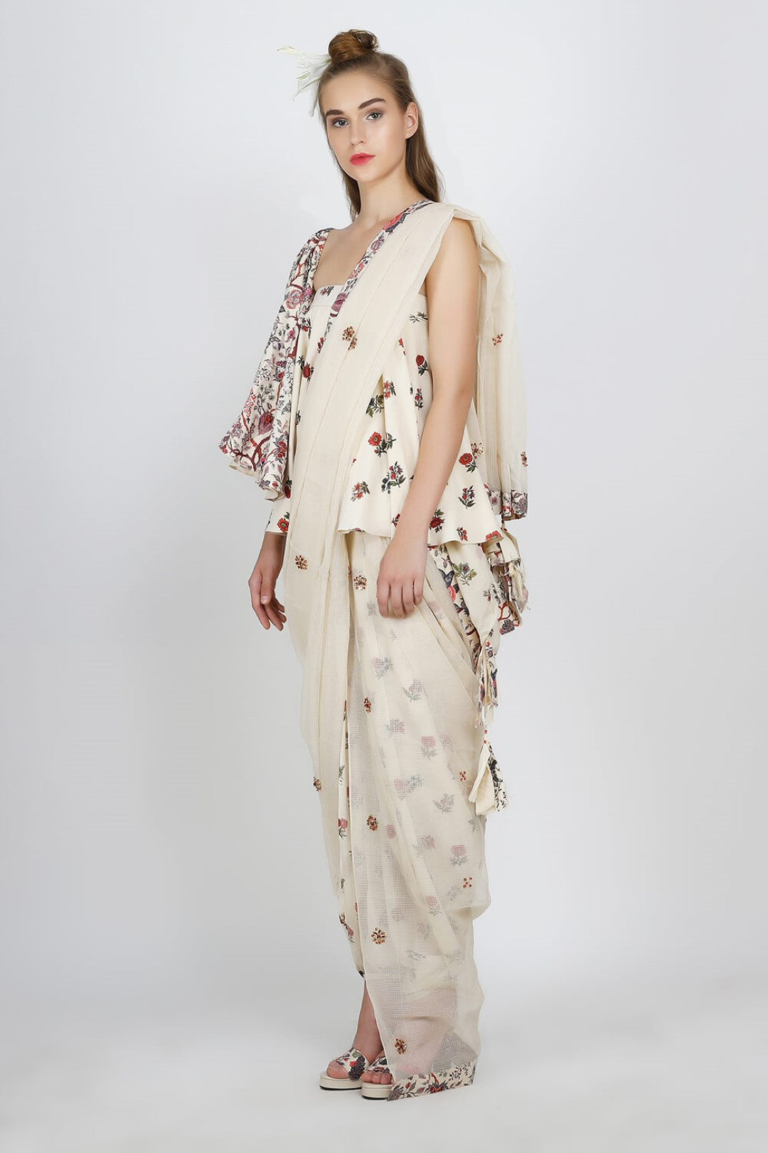 one shoulder printed blouse with  cowl dhoti and dupatta