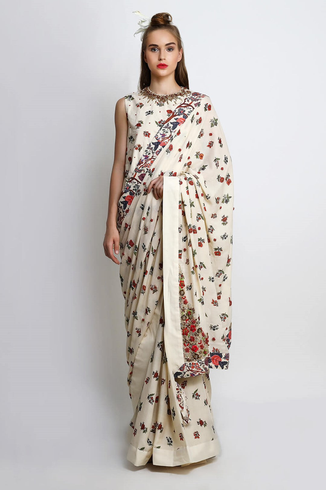 printed saree with peplum top