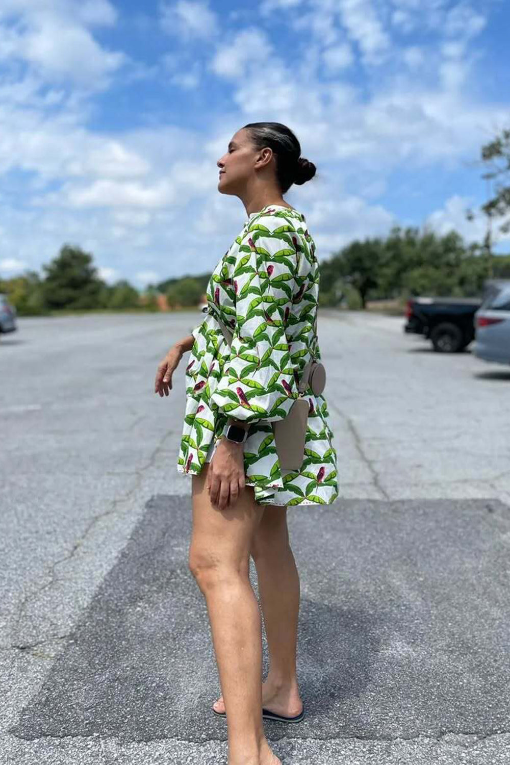 NEHA DHUPIA In Off-White Hand painted Parakeet Print bubble sleeve Shirt Dress (Copy)